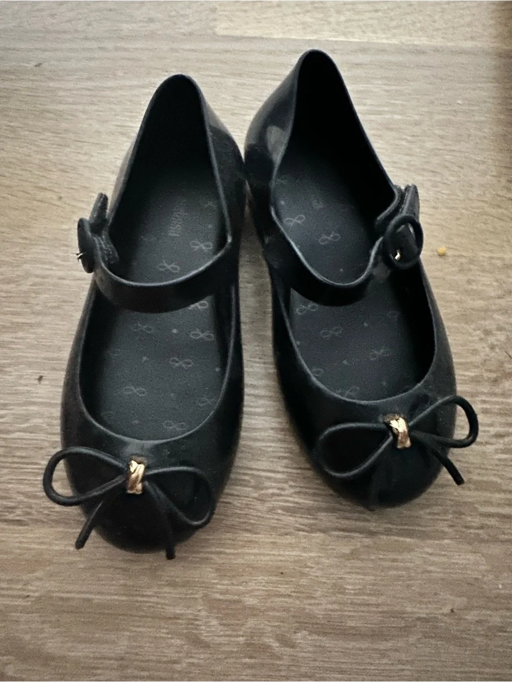 Mini Melissa Black Mary Jane Jelly Flats with Bow and Gold Accent